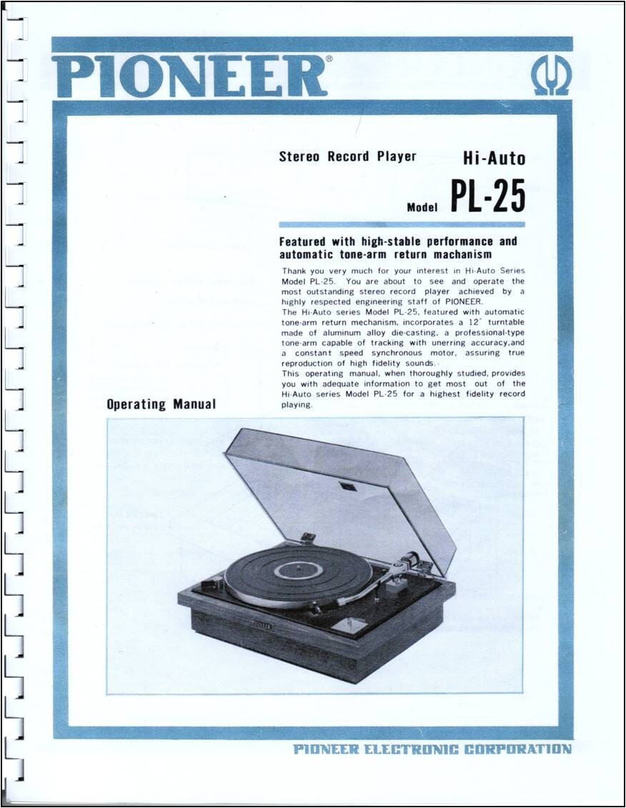 Pioneer PL-25 Turntable Owners Manual | eBay