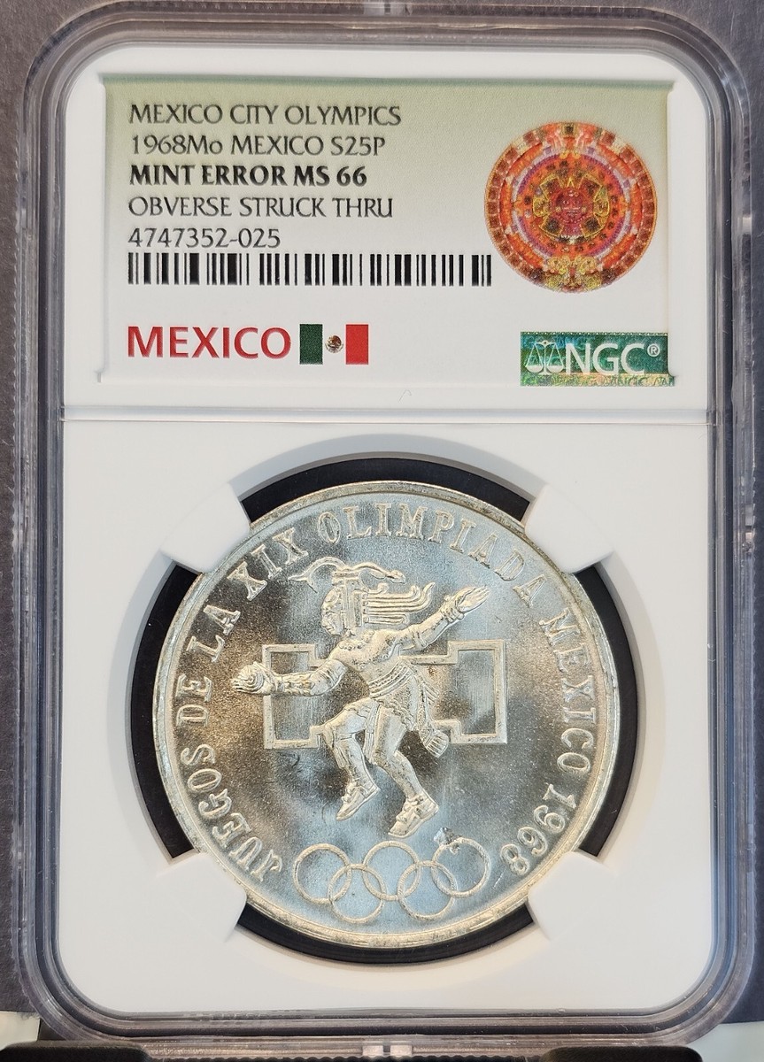 1968 MEXICO SILVER 25 PESOS OLYMPICS EVEN RINGS NGC MS 66 MINT