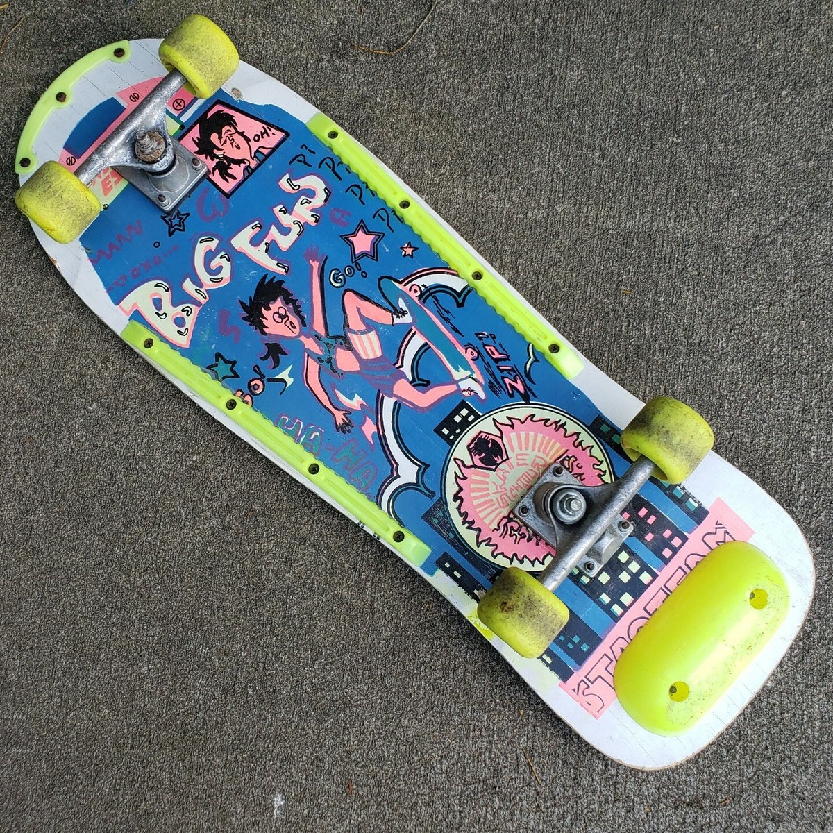 Vintage 1980s Big Fun Skateboard Blacklight Graphic Neon Rails