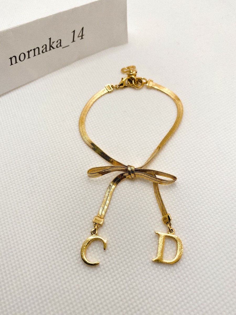 Near MINT Christian Dior CD Logo Ribbon Motif Bracelet Gold Plated