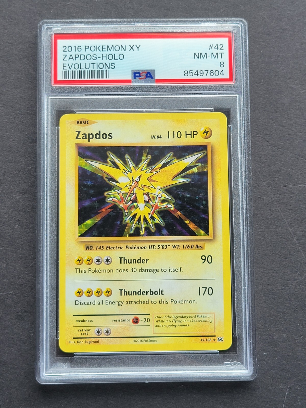 Pokemon PSA 8 ZAPDOS 42/108 - 2016 XY EVOLUTIONS SET HOLO - NM