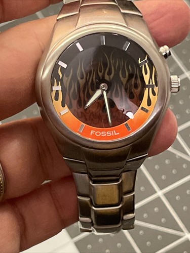 Fossil Big Tic Watch Men Silver Tone Flame Animation JR-8115 New