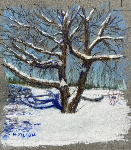 Pastel Drawing Snow Covered Bare Tree Winter Scene Kenneth E