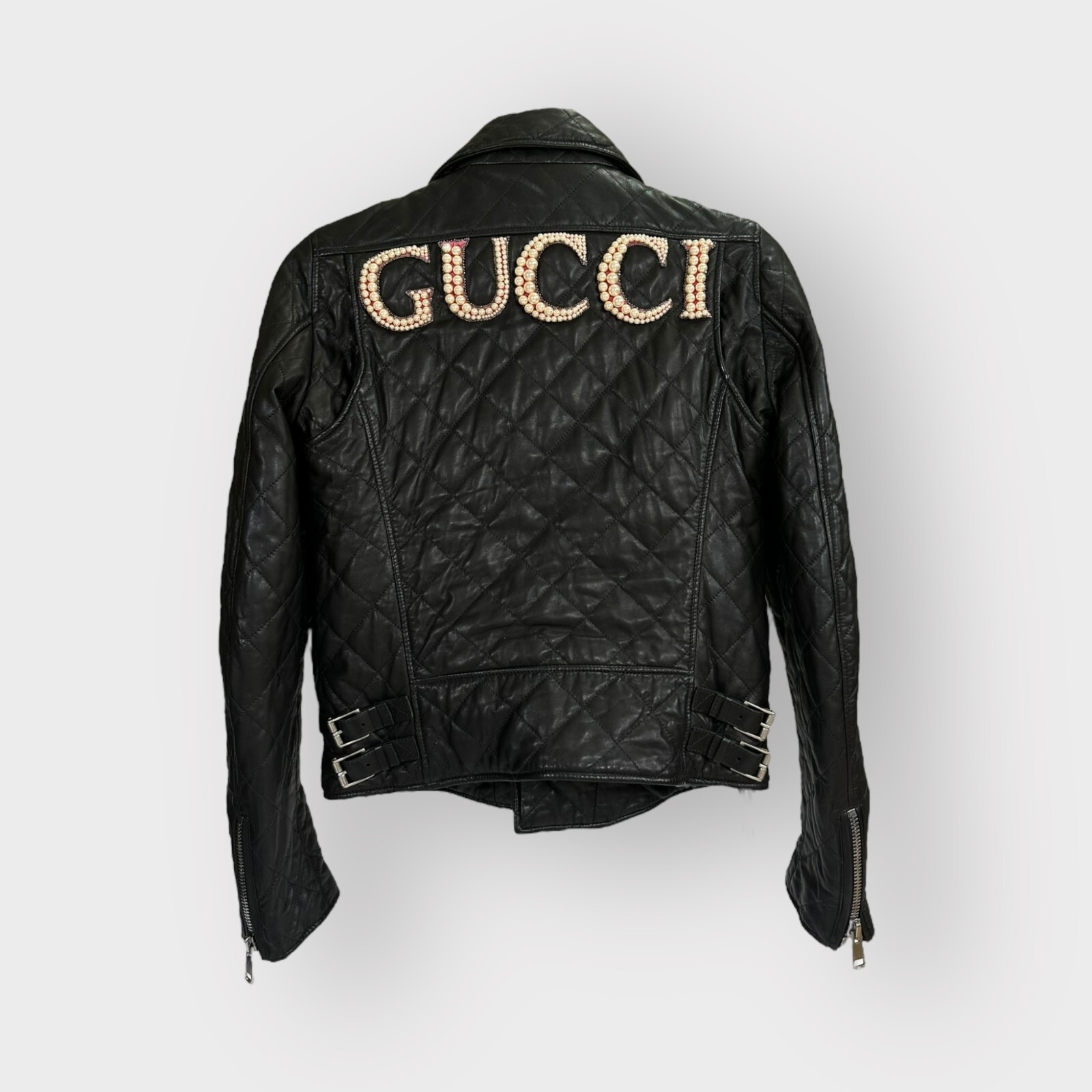 Authentic Gucci Leather Jacket Moto Pearl Back Logo Black size 38