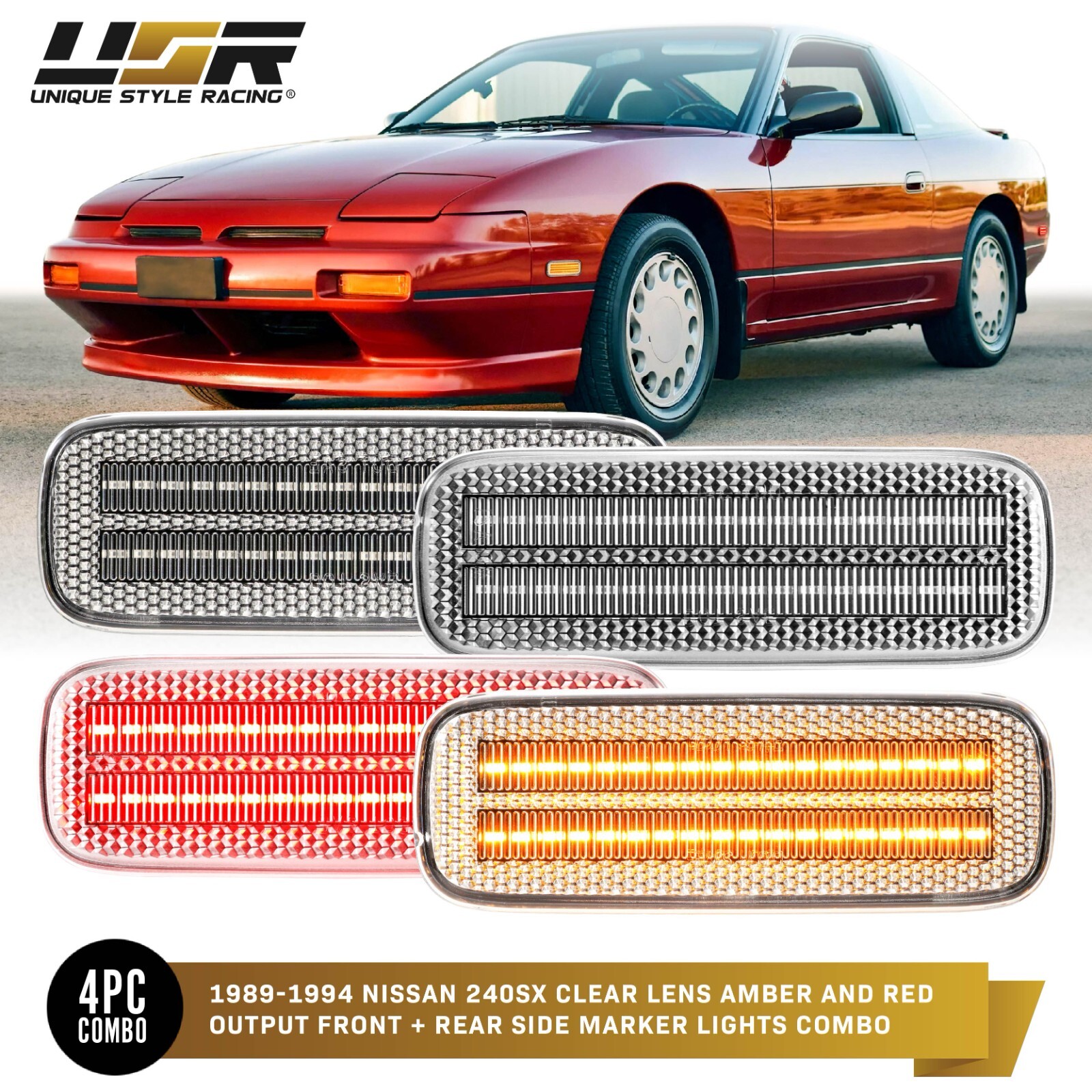 Clear Side Marker Light w/ Red & Amber LED 4pc Set For 89-94