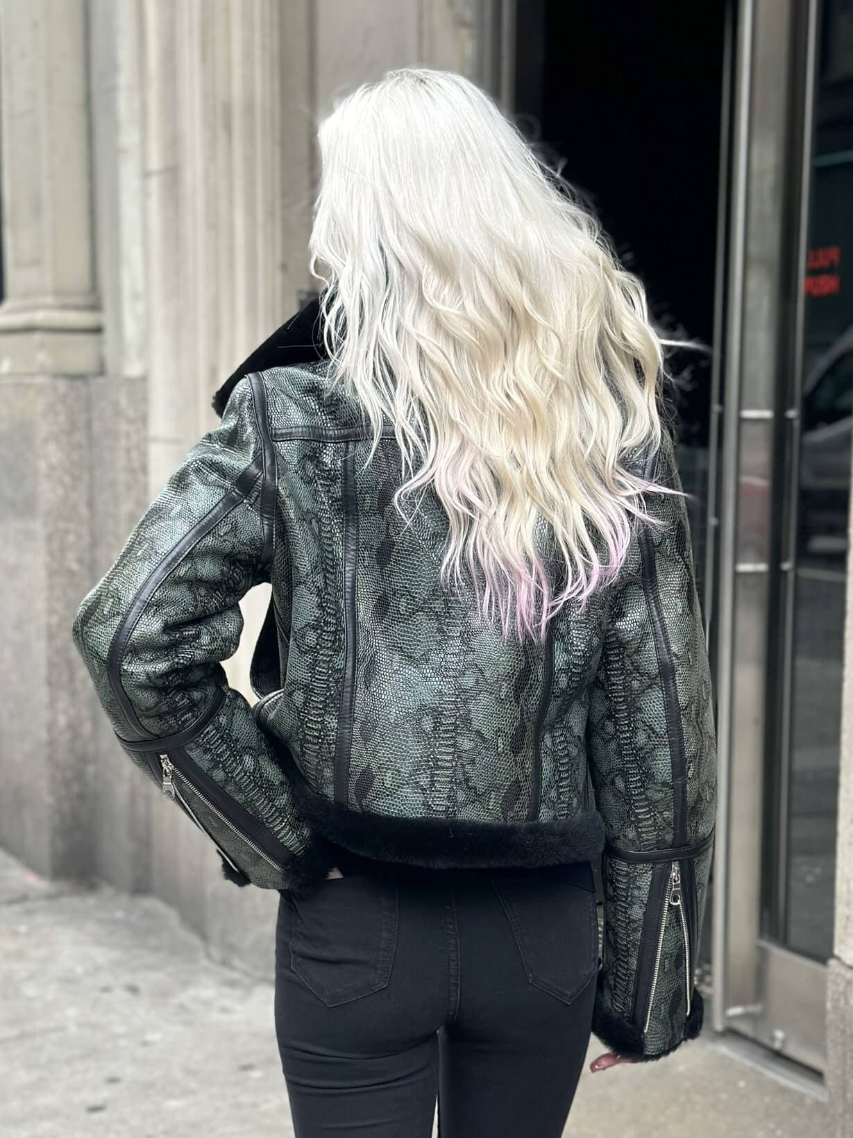 Amy Shearling Aviator Cropped Jacket in Green Snake Print