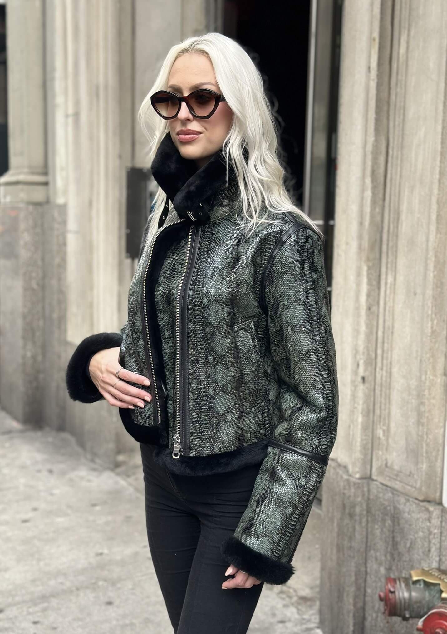 Amy Shearling Aviator Cropped Jacket in Green Snake Print