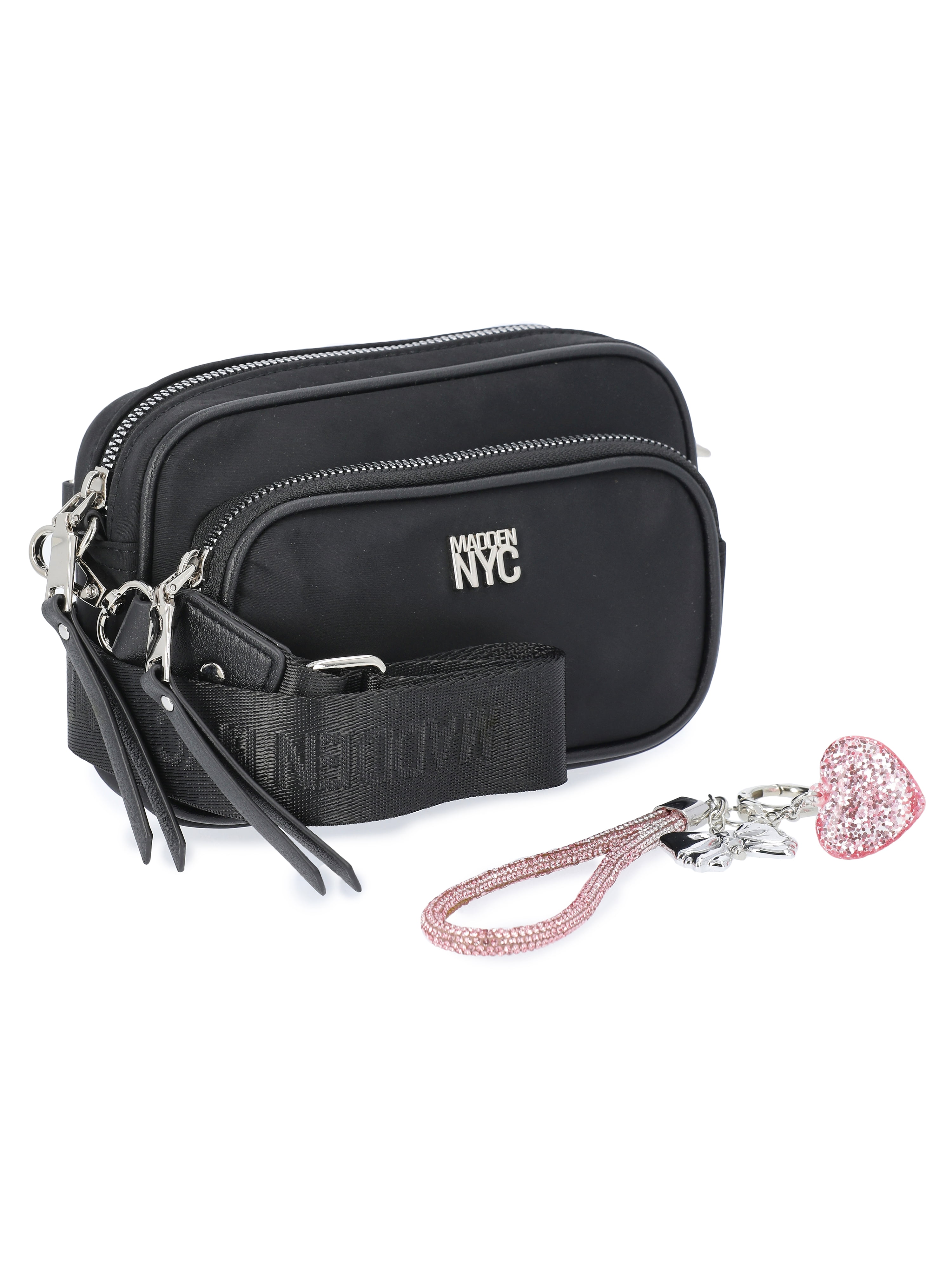 Madden NYC Women's Nylon Camera Handbag with Charm Keychain, Black