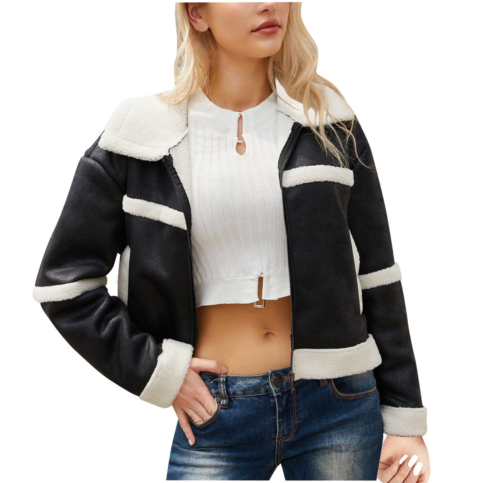 Women Cropped Sherpa Moto Jacket Lapel Faux Leather Coat Fleece