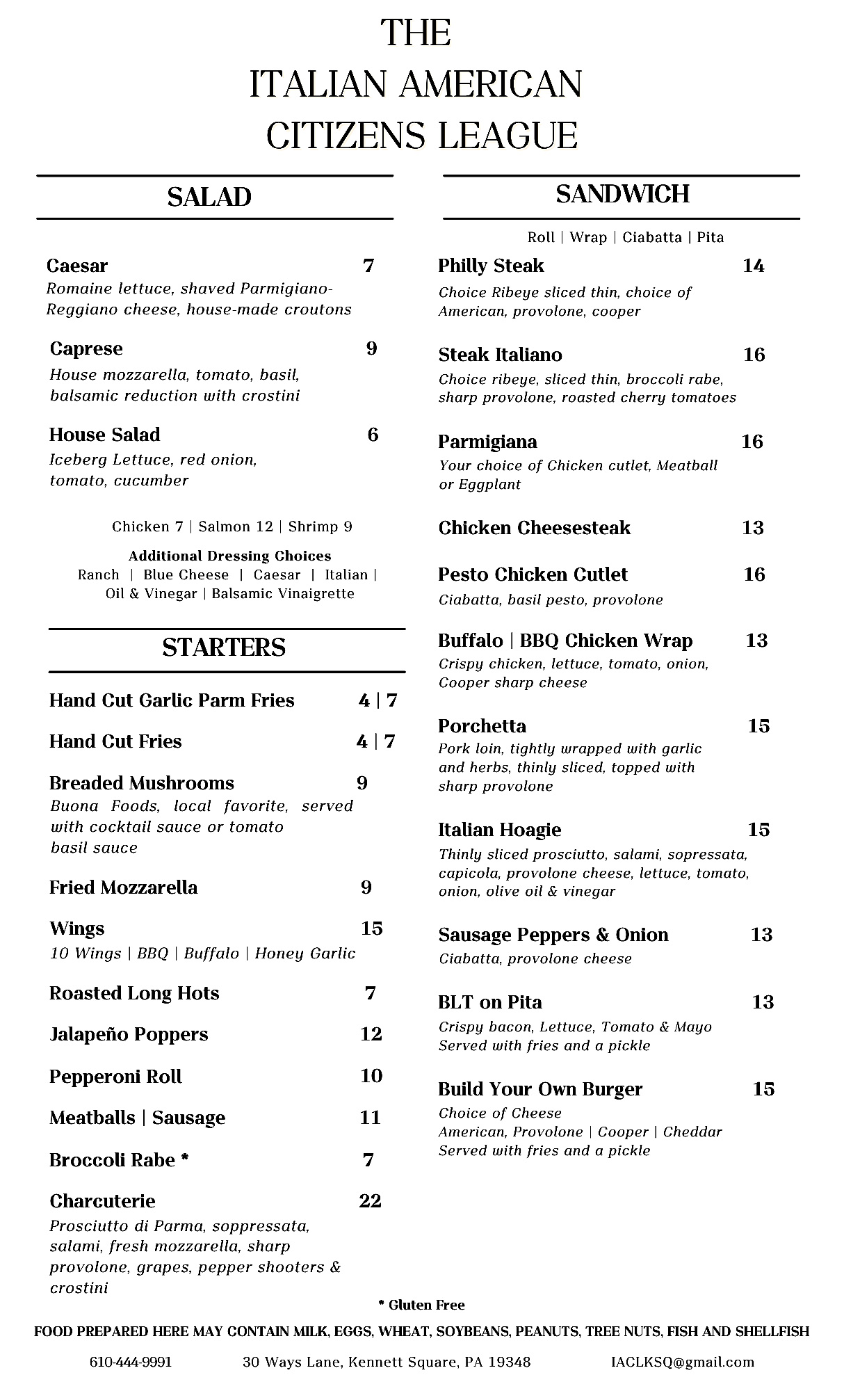 Menu - The Italian American Citizen's League