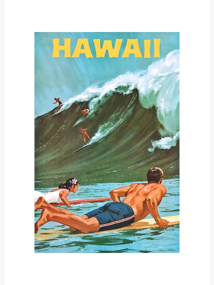 1960 HAWAII Big Wave Surfing Travel Poster