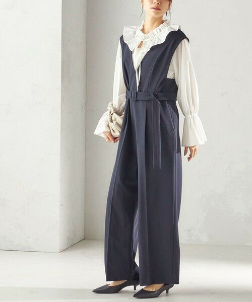 手洗い可能〉ダブル クロス Vネック ベルト付 オールインワン