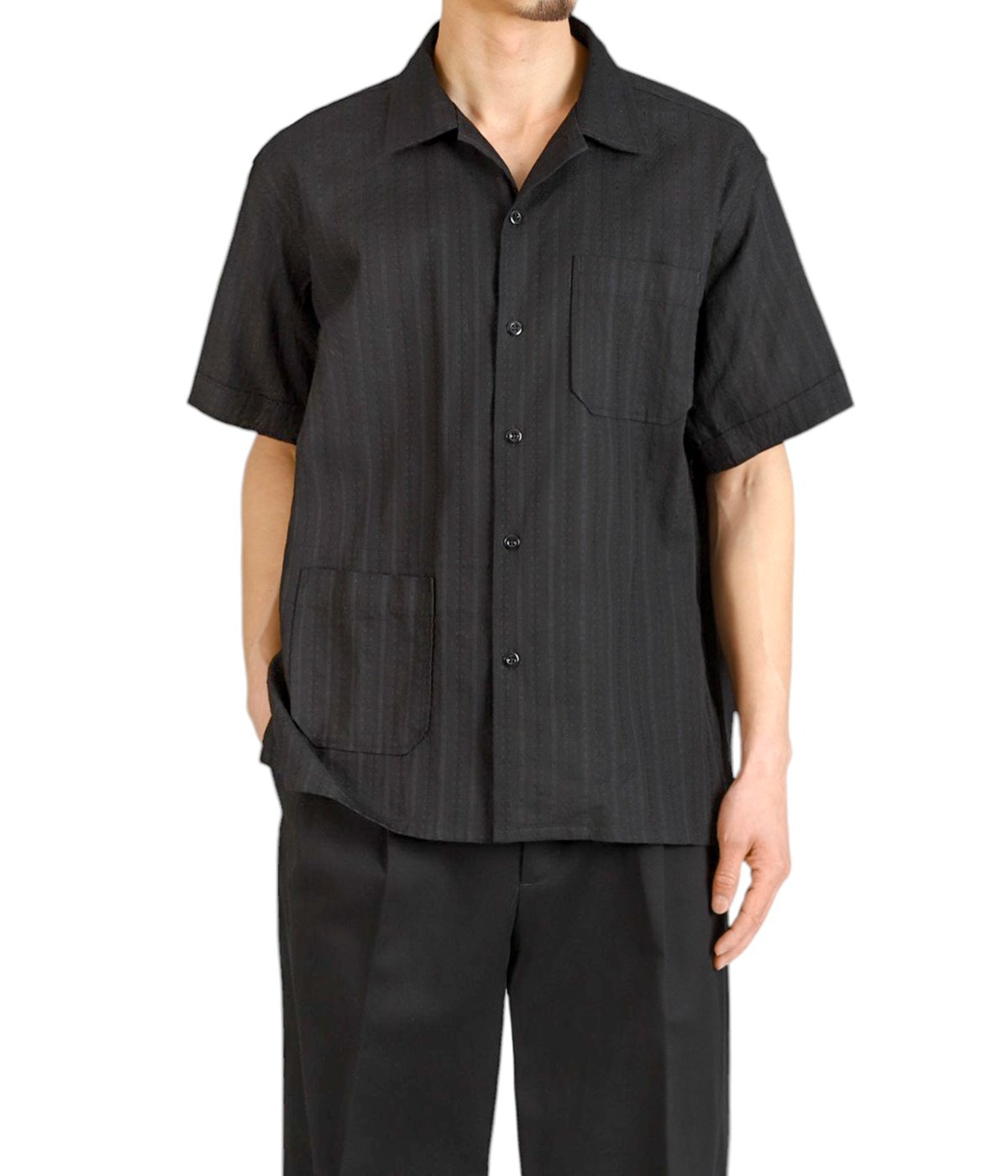 Camp Shirt Black Cotton Lace Stripe Jacquard | ENGINEERED GARMENTS