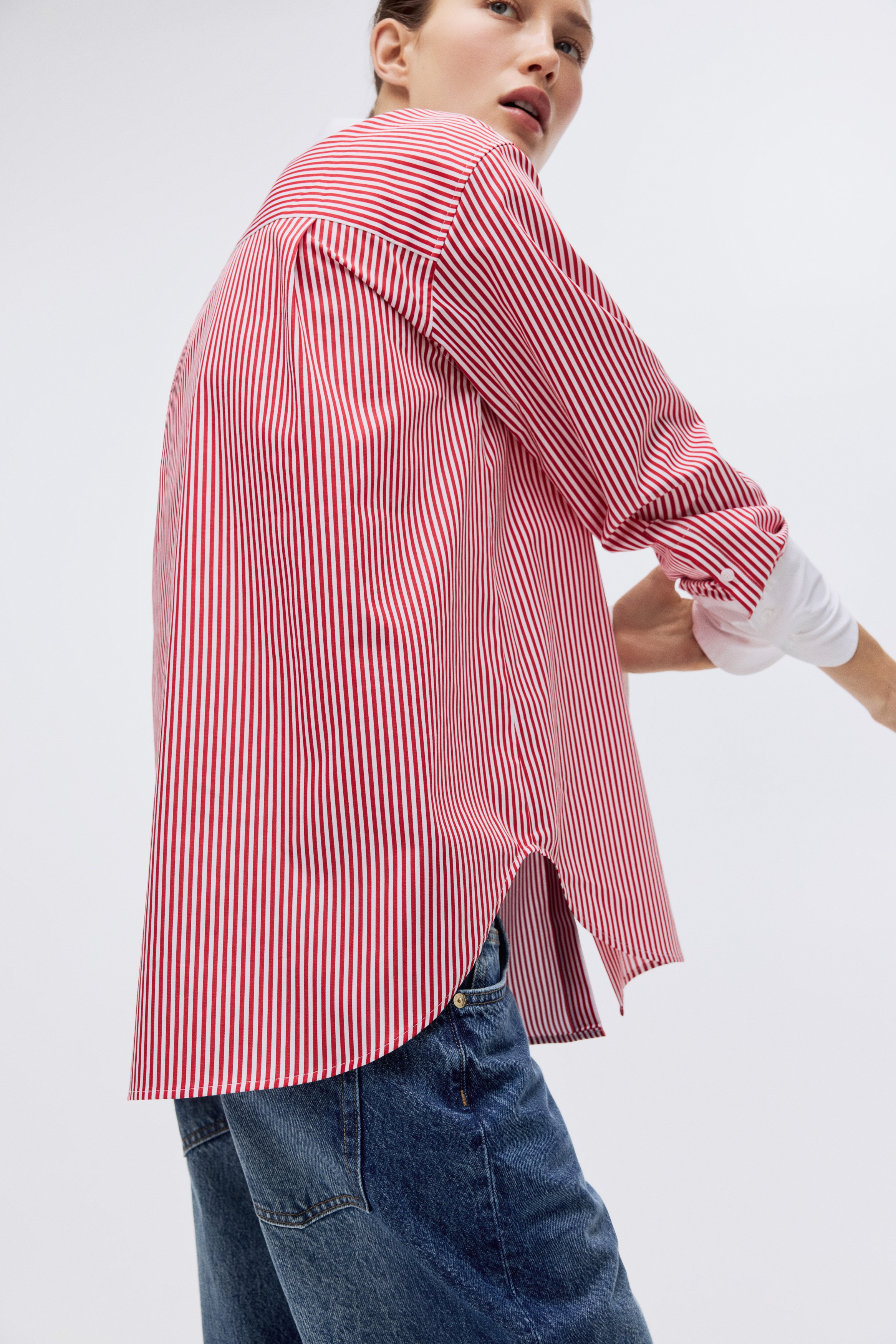 コットンポプリンシャツ - レッド／ストライプ - レディース | H&M JP