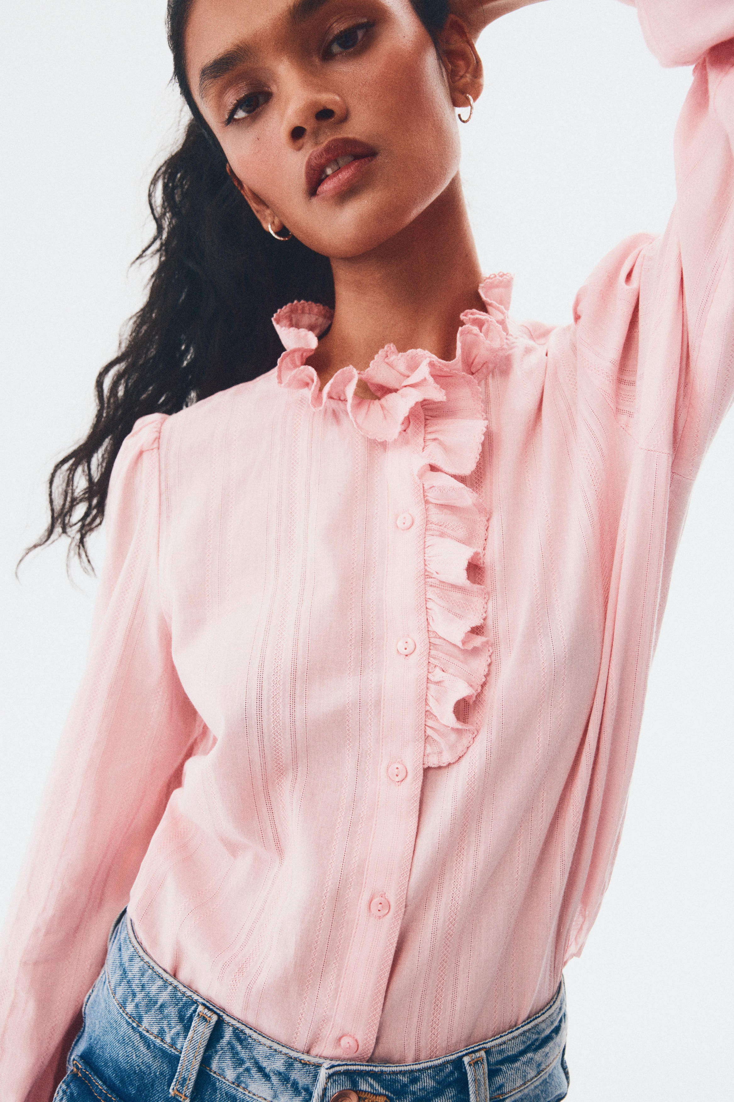 Ruffle-Collar Cotton Blouse - Light pink - Ladies | H&M US