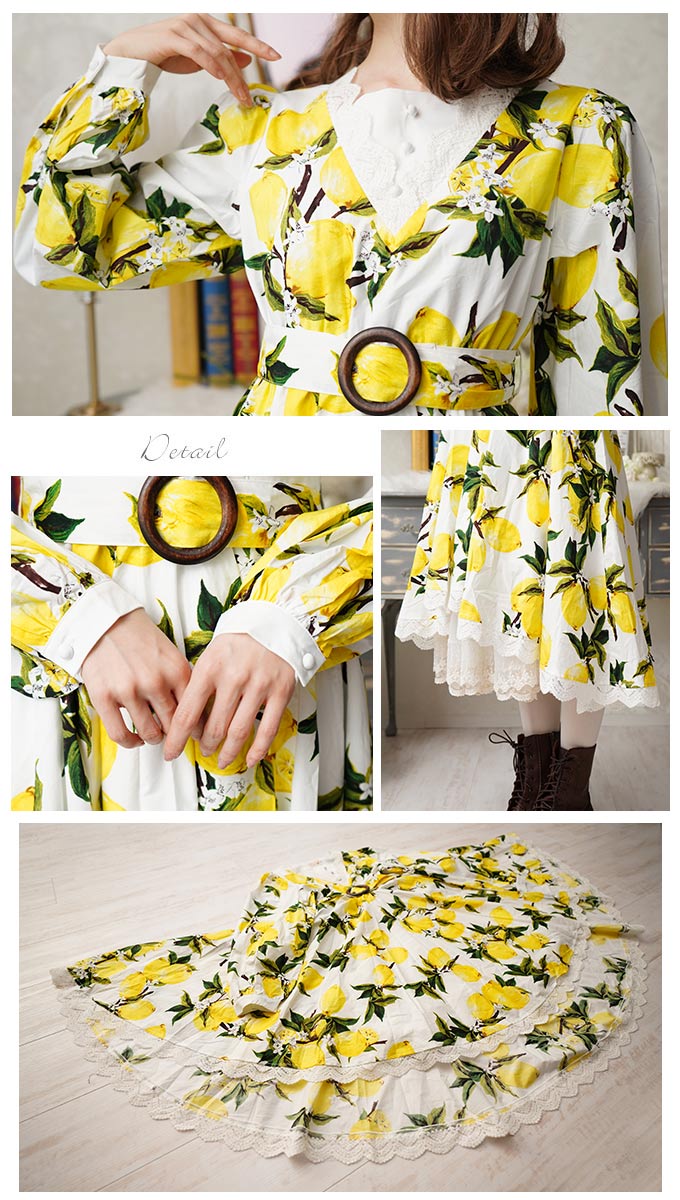 大きいサイズ LL ワンピース レモン柄 ミディアム丈 フィッシュテール