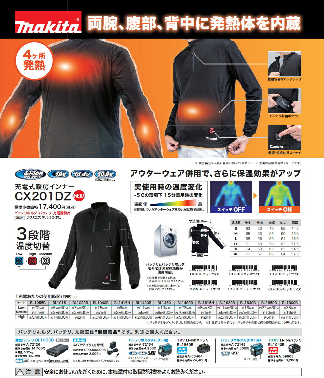 楽天市場】マキタ電動工具 充電式暖房インナー CX201DZ（本体のみ