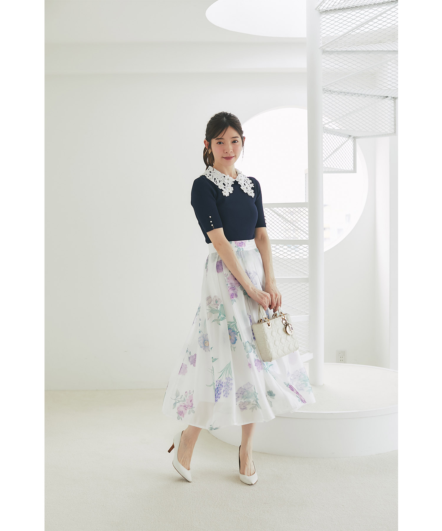 2WAYフラワーレース襟付きリブニットプルオーバー