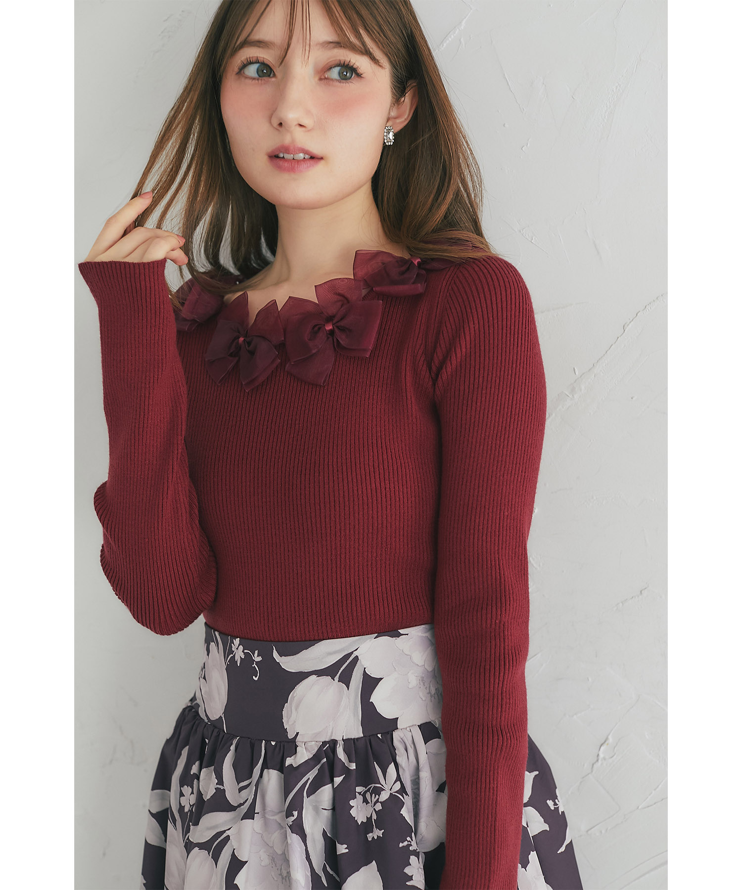 シアーリボン付きリブニットプルオーバー