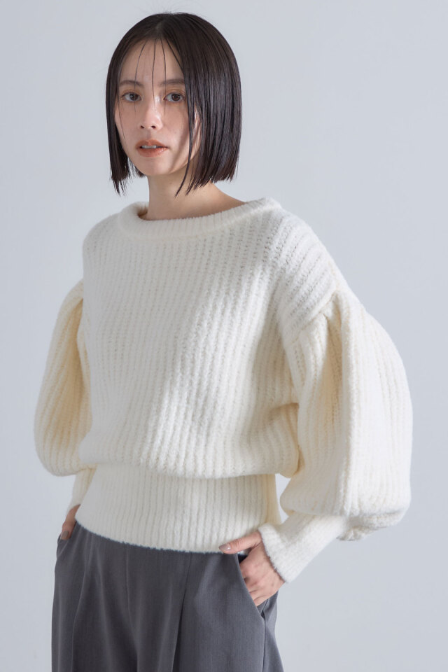 ボリュームスリーブ片畦ニットプルオーバー