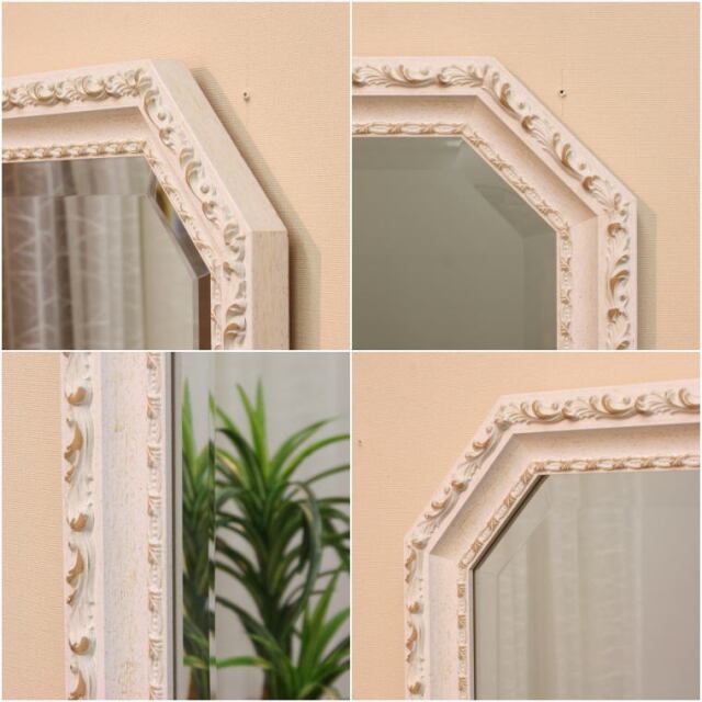 イタリア直輸入 かわいい木製八角形ウォールミラー アンティーク