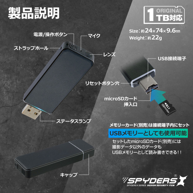 スパイダーズX スパイカメラ 1080P USBメモリ型カメラ 小型カメラ [A