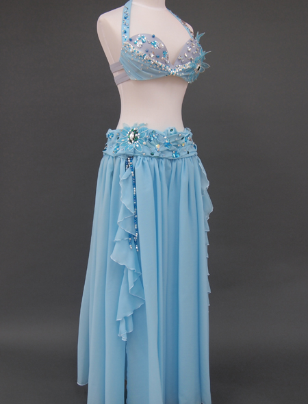 ベリーダンス衣装】薄いブルーに花柄が美しい！フリルもついて