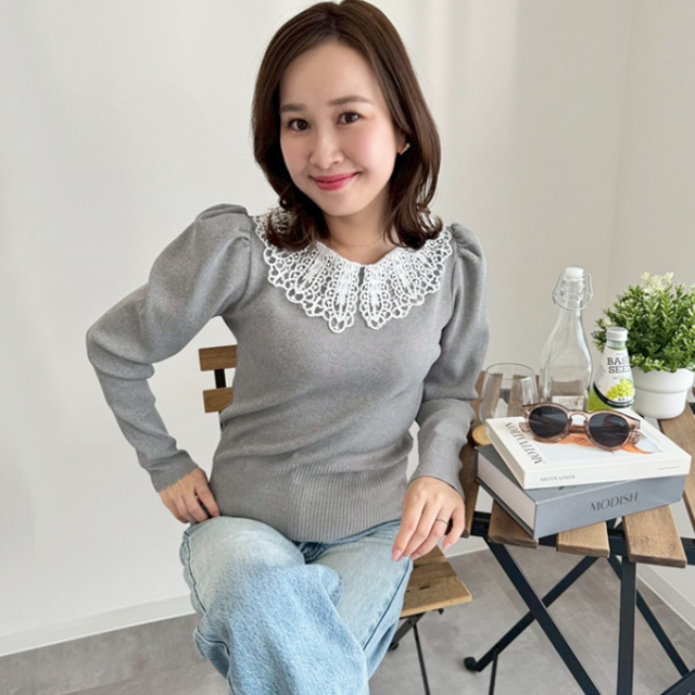 レース襟長袖サマーニット【7g-831-05335】