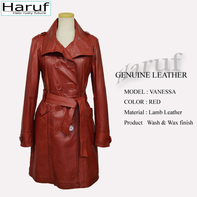 シンプルでおしゃれなレディースの本革ラムレザーステンカラーコート