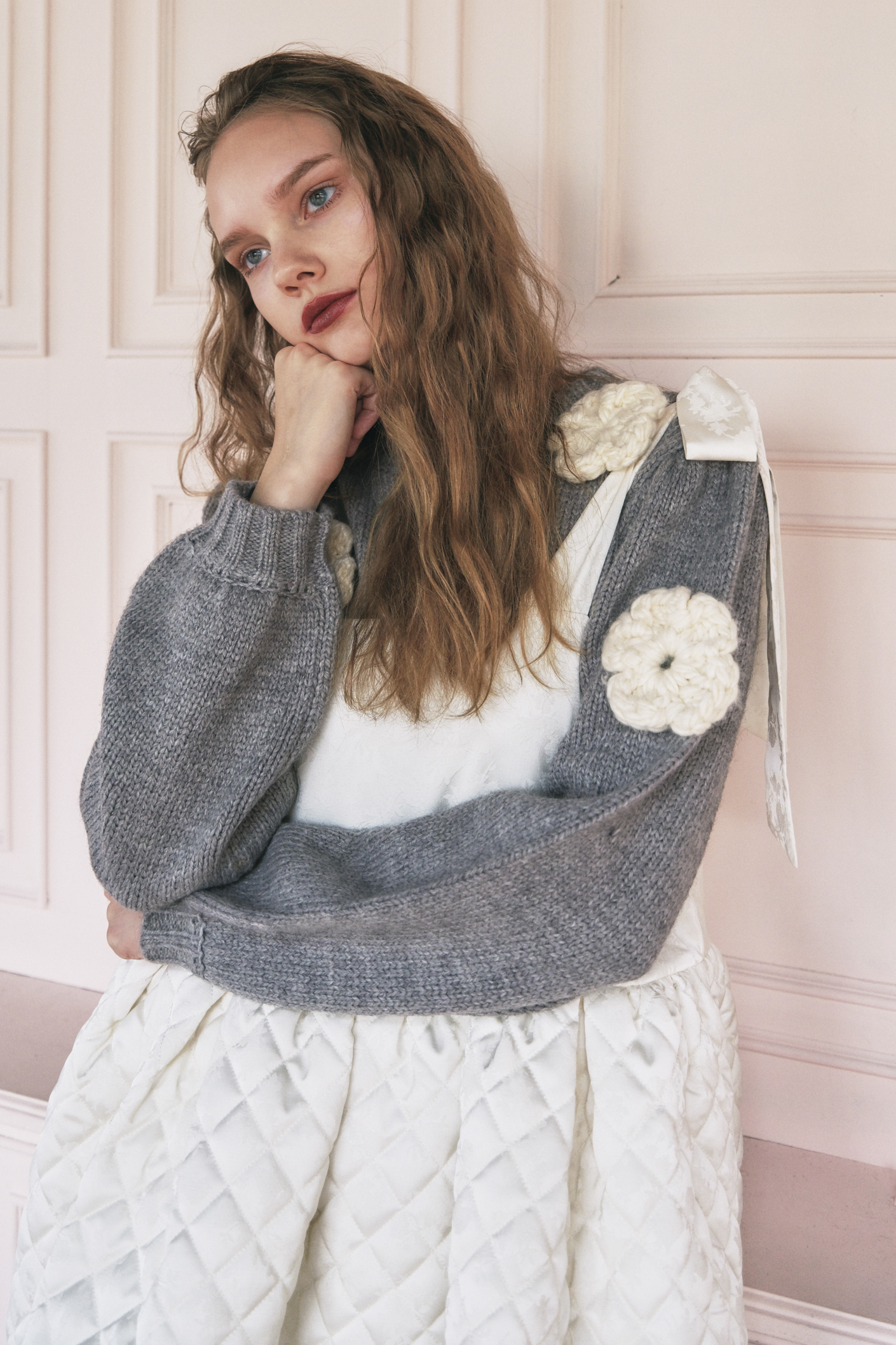 HONEY MI HONEY｜立体フラワーニット｜レディース パフスリーブセーター