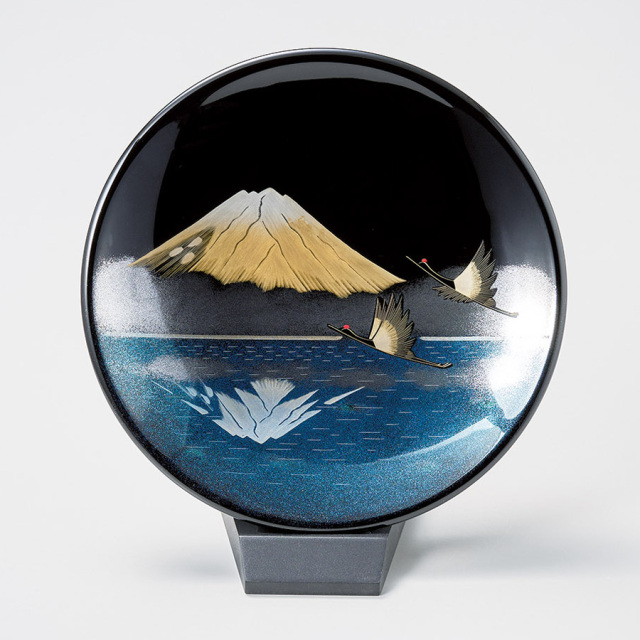 二枚屏風 立山彫富士山 黒 漆塗り・木製 12-13402 漆器の井助
