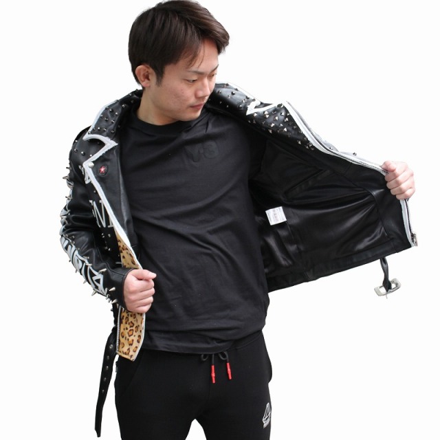 鋲ジャン メンズ スタッズ付き ロックスター レザージャケット ヒョウ