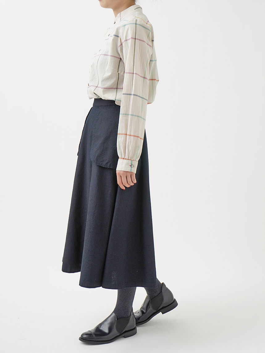 16／－インディゴ平織 ふらしポケットフレアスカート