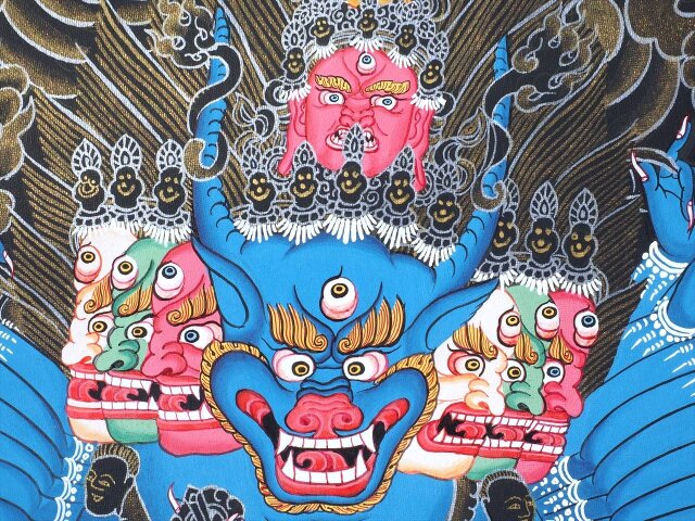 ③ 中国 仏教美術 古玩 曼荼羅 タンカ 手彩色 レザー ③ 中国 仏教美術