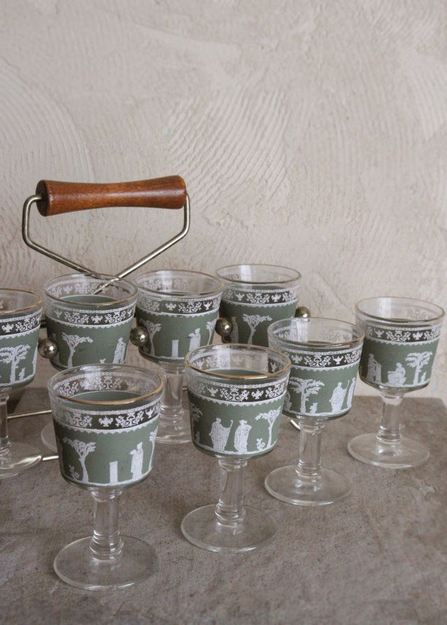 アンティークグラスリキュールグラス金彩に緑のステムR1346ダI