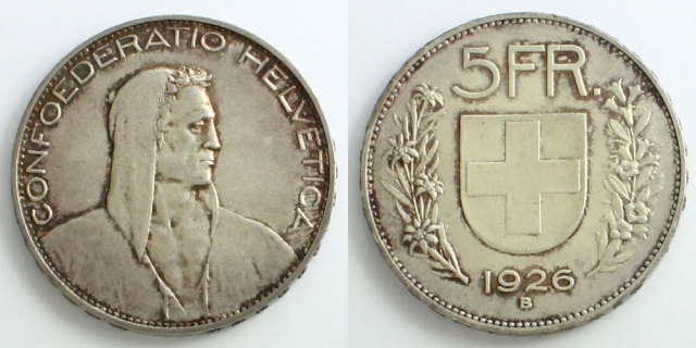 スイス 1926 5フラン銀貨 ウィリアム・テル