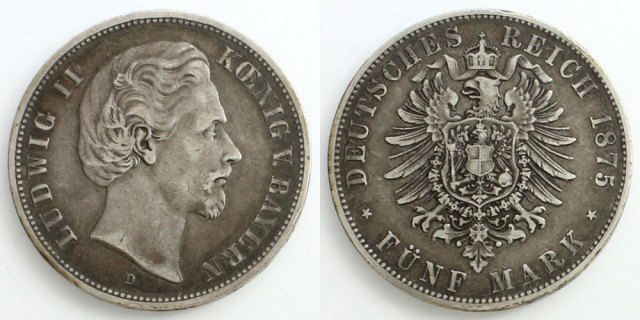 ドイツ帝国 バイエルン王国 1875 5マルク銀貨 ルートヴィヒ2世