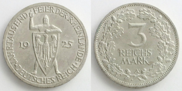 ドイツ 1925 3ライヒスマルク銀貨 ラインラントの騎士