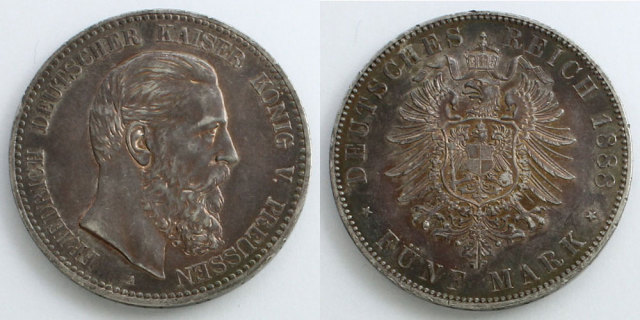 ドイツ帝国 プロイセン王国 1888 5マルク銀貨 フリードリヒ3世