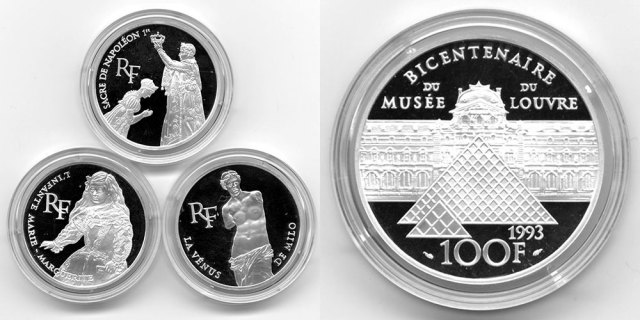 フランス 1993 100フラン銀貨 ルーヴル美術館の至宝3種セット