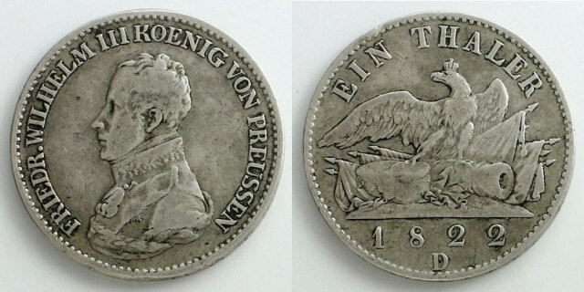 ドイツ プロイセン王国 1822 1ターレル銀貨 フリードリヒ・ヴィルヘルム3世