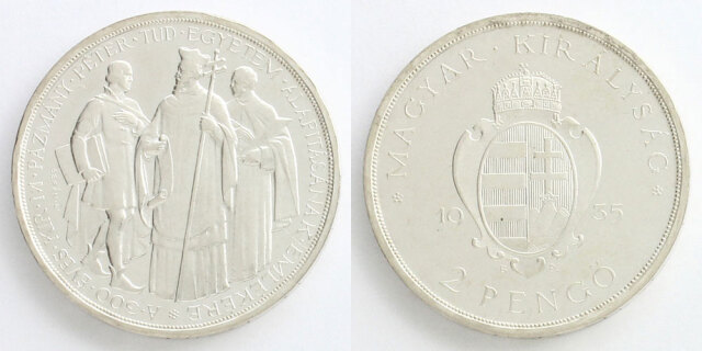ハンガリー 1935 2ペンゴ銀貨 パーズマーニ・ペーテル