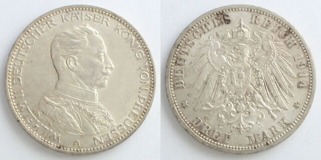 ドイツ帝国 プロイセン王国 1914 3マルク銀貨 ヴィルヘルム2世