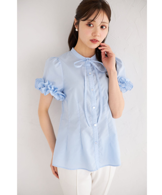 コットンライクホイップフリルボウタイリボンブラウス