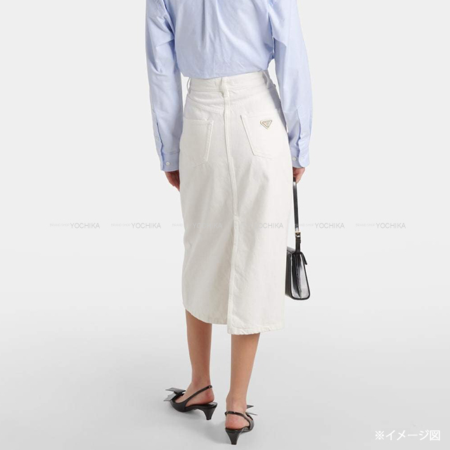 PRADA プラダ スカート ロゴプレート デニム ハイライズ ミディアム 白