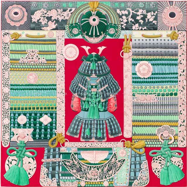HERMES エルメス スカーフ カレ90 侍の鎧兜 フランボワーズ /ヴェール