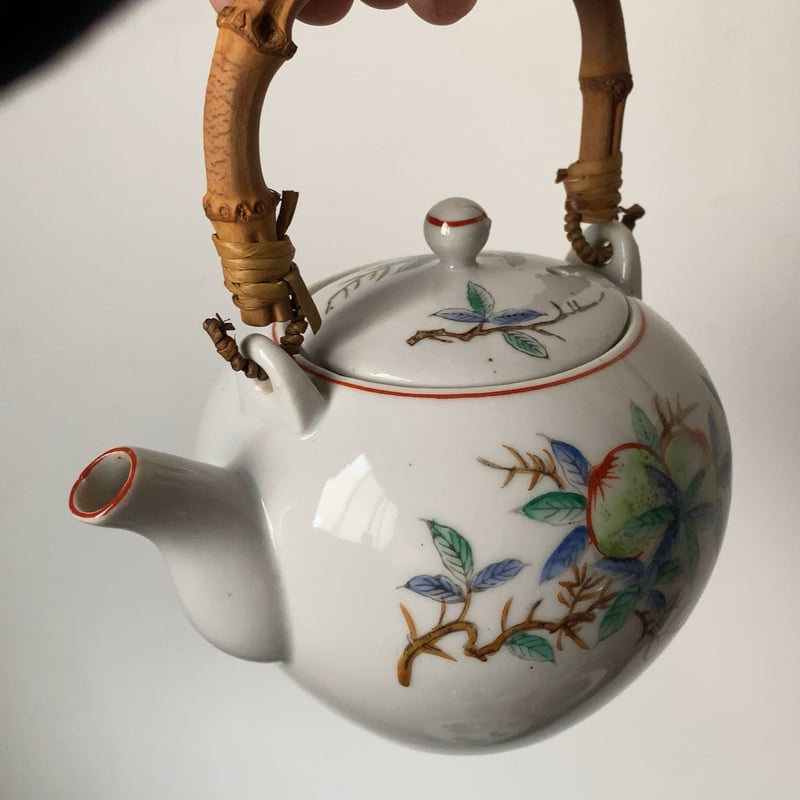 松風 古い茶器セット(急須+蓋茶碗5客) 桃柄 桃図 植物画 竹持ち手 湯呑