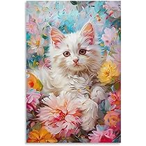 油絵 菅家令子 絵 絵画 インテリア 額付(白) uF6-071119 子犬と猫 油絵