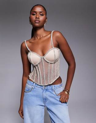 JLUXLABEL rhinestone sheer panel detailing corset top in gold | ASOS