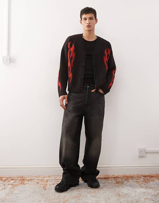 Weekday wool blend oversized cardigan with flame graphics in black